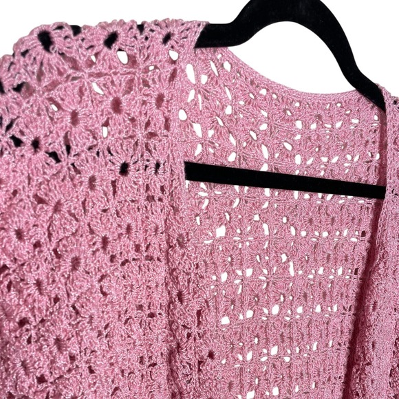 Vintage Dusty Rose Pink Crochet Button Up Cardigan Sweater Short Sleeve Knit - Picture 5 of 5